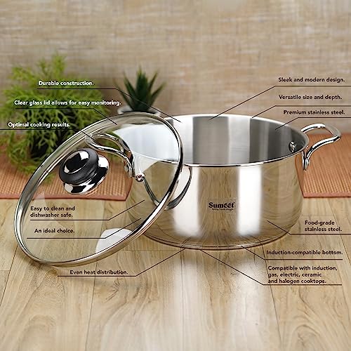 Sumeet Stainless Steel Induction Bottom (Encapsulated Bottom) Casserole With Glass Lid 6 Ltr, 26 Cm Dia, Silver, 6000Ml - Image 2