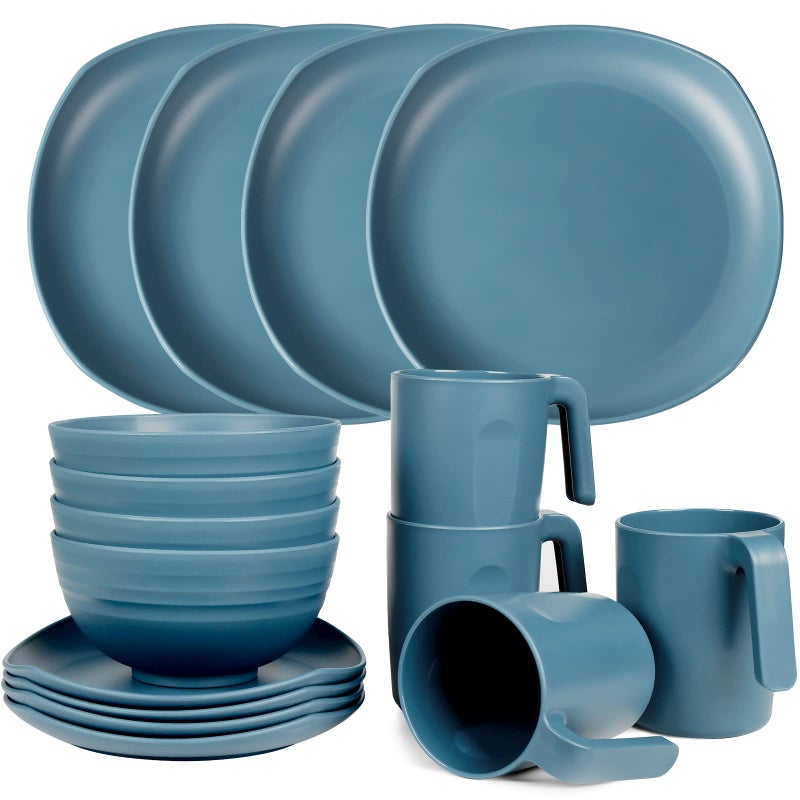 Greentainer Unbreakable Lightweight Dinnerware Sets Plastic Dinner Set 4 Dining Plates 4 Bowls 4 Cups Microwave and Dishwasher Safe Camping Tableware for Kids and Adults Service for 4Blue
