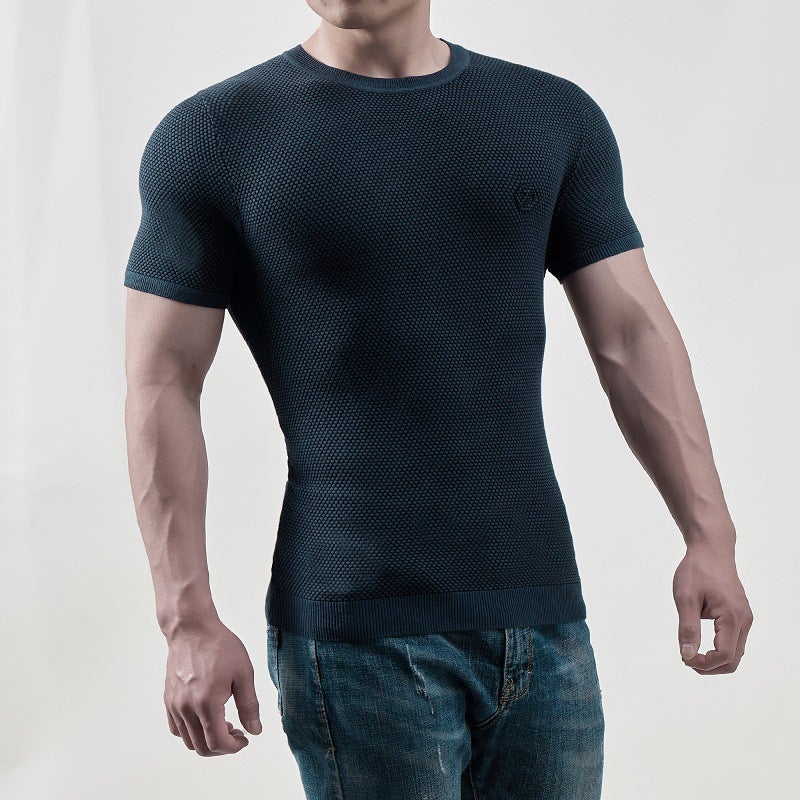 Foreign trade summer new knitwear T-shirt men''s round neck solid color short sleeve Korean style slim fit men - Image 2