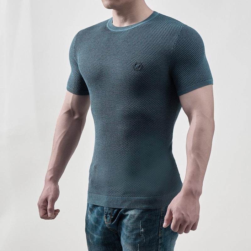Foreign trade summer new knitwear T-shirt men''s round neck solid color short sleeve Korean style slim fit men - Image 3