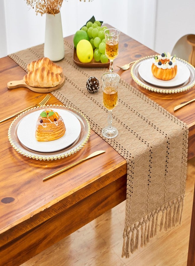 FEXIA Brown Boho Table Runner Spring Burlap Coffee with Tassels 72 Inches Long for Farmhouse Home Decor Modern for Bohemian Dining Bedroom Decor Rustic Style - Image 4