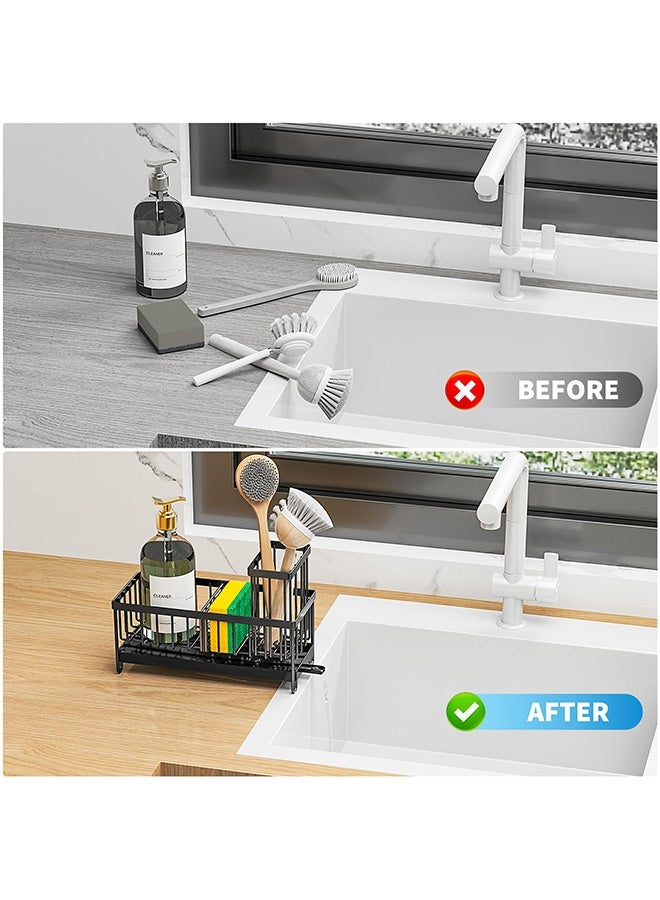 Black Sponge Holder for Kitchen Sink, Sink Caddy Organizer with High Brush Holder, Kitchen Countertop Organizers and Storage Essentials, Rustproof 304 Stainless Steel, Soap Dispenser Organize