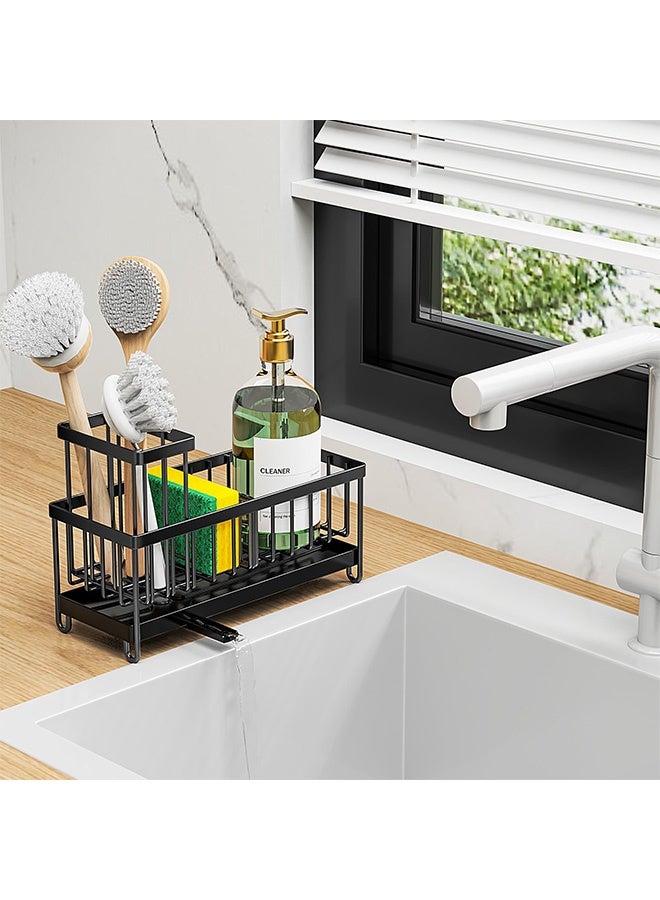 Black Sponge Holder for Kitchen Sink, Sink Caddy Organizer with High Brush Holder, Kitchen Countertop Organizers and Storage Essentials, Rustproof 304 Stainless Steel, Soap Dispenser Organize