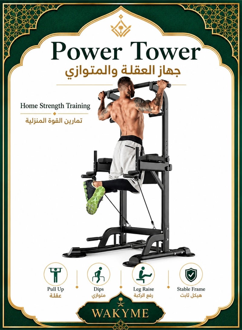 WAKYME Power Tower Dip Pull Up Station Multi-Function Exercise Equipment For Home Gym Training 10 Levels Adjustable Height, Strength Fitness Squat Rack - Image 1