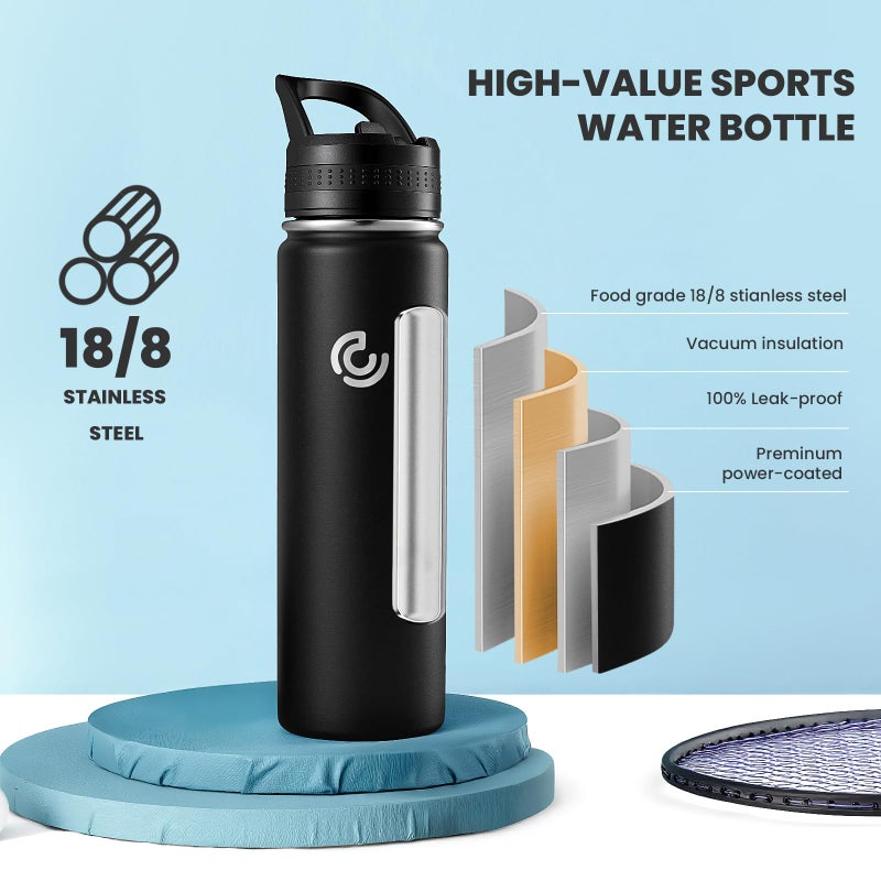COKTIK 22oz Sports Water Bottle, Stainless Steel Water Bottle for Insulated, Reusable Travel Bottle, With Straw, With Handle Grip for Easy Carrying, Suitable for Cycling, Outdoor Vacations(Black) - Image 3