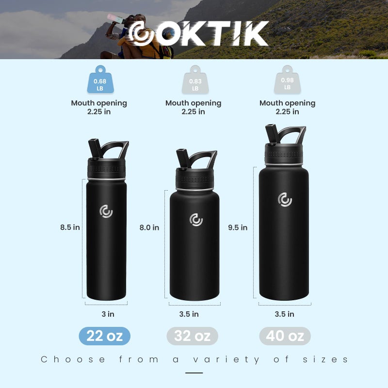 COKTIK 22oz Sports Water Bottle, Stainless Steel Water Bottle for Insulated, Reusable Travel Bottle, With Straw, With Handle Grip for Easy Carrying, Suitable for Cycling, Outdoor Vacations(Black) - Image 2