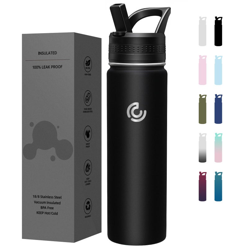 COKTIK 22oz Sports Water Bottle, Stainless Steel Water Bottle for Insulated, Reusable Travel Bottle, With Straw, With Handle Grip for Easy Carrying, Suitable for Cycling, Outdoor Vacations(Black) - Image 1