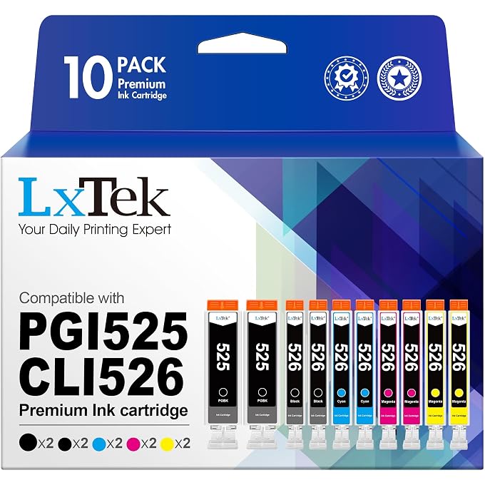 LxTek Compatible Ink Cartridge Replacement for 525 526 PGI-525 CLI-526 for PIXMA MG6150 MG6250 MG5350 MG5250 MG5150 IX6550 IP4950 IP4850 (Black Cyan Magenta Yellow, 10-Pack)