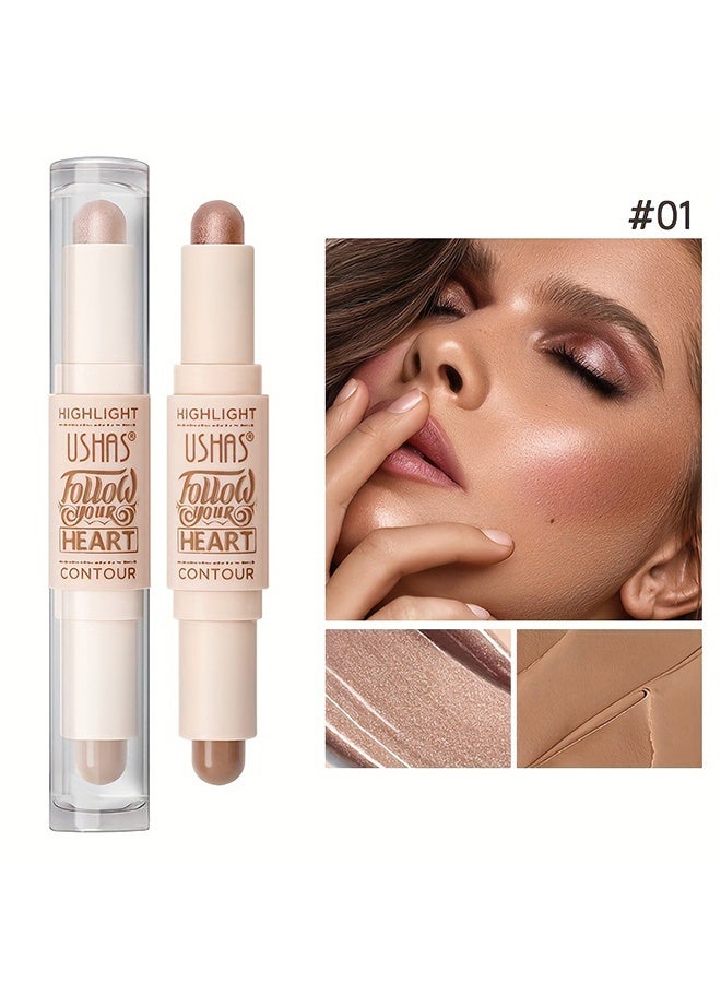 Ushas Highlight Contour Stick 2 in 1 Dualended Makeup Shading Stick MultiColor Concealer Shadow Pen 3D Body Face Brightens Shades Pencil Contour Concealer Highlighter Stick#01 - Image 1