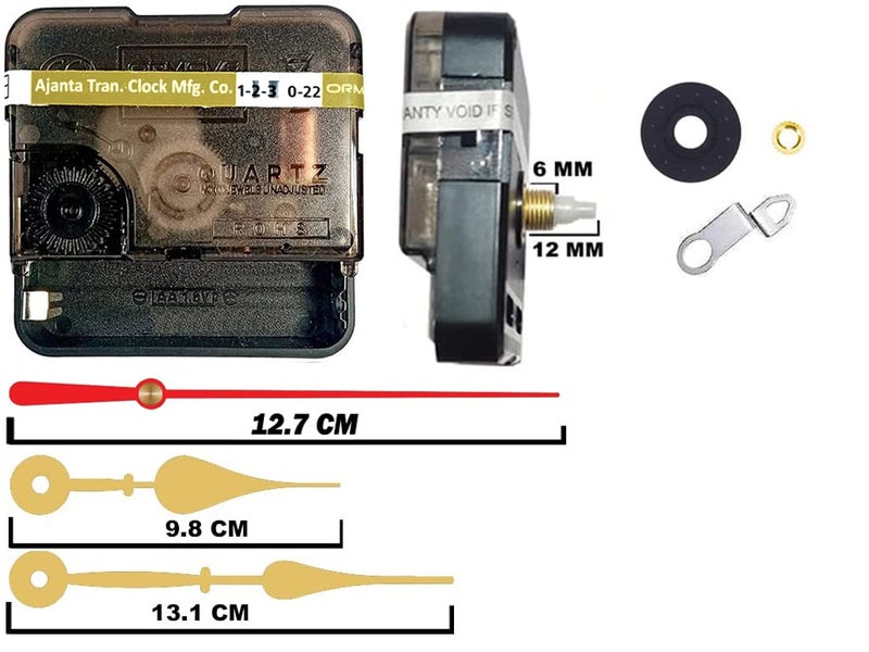 YONOTA � Ajanja Mfg. Quartz Machine for Big Size Wall Clock,Battery Operated,Clock Movement Machine with Needles and Hook 12 MM (100% Made in India) (Gold,Red) - Image 2