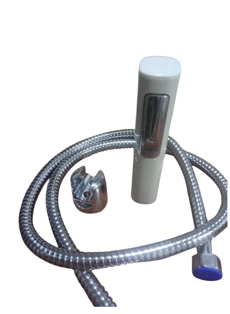 An outdoor bidet with a white high-quality stainless steel handle and a stainless steel hose - Image 1