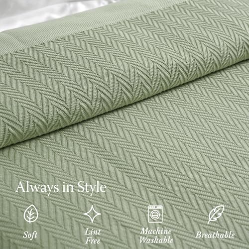 Threadmill Luxury Cotton King Size Blanket | All-Season Cozy Cotton Blankets for King Size Bed | Herringbone Soft Fall Thermal Blanket fits California King Size Bed 106 x 92 | Sage Green - Image 4