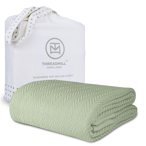 Threadmill Luxury Cotton King Size Blanket | All-Season Cozy Cotton Blankets for King Size Bed | Herringbone Soft Fall Thermal Blanket fits California King Size Bed 106 x 92 | Sage Green - Image 1