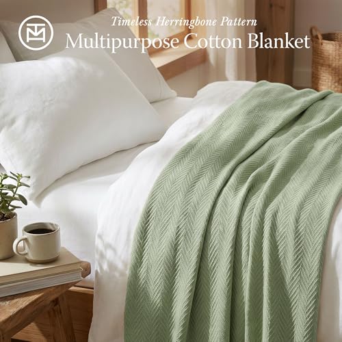 Threadmill Luxury Cotton King Size Blanket | All-Season Cozy Cotton Blankets for King Size Bed | Herringbone Soft Fall Thermal Blanket fits California King Size Bed 106 x 92 | Sage Green - Image 2