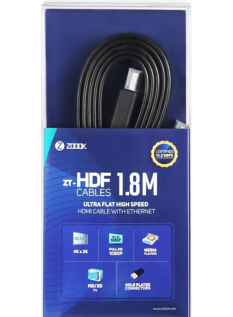ZT-HDF1.8M - Ultra Flat high-speed HDMI cable with Ethernet and Gold-Plated Connectors (1.8 Meter)