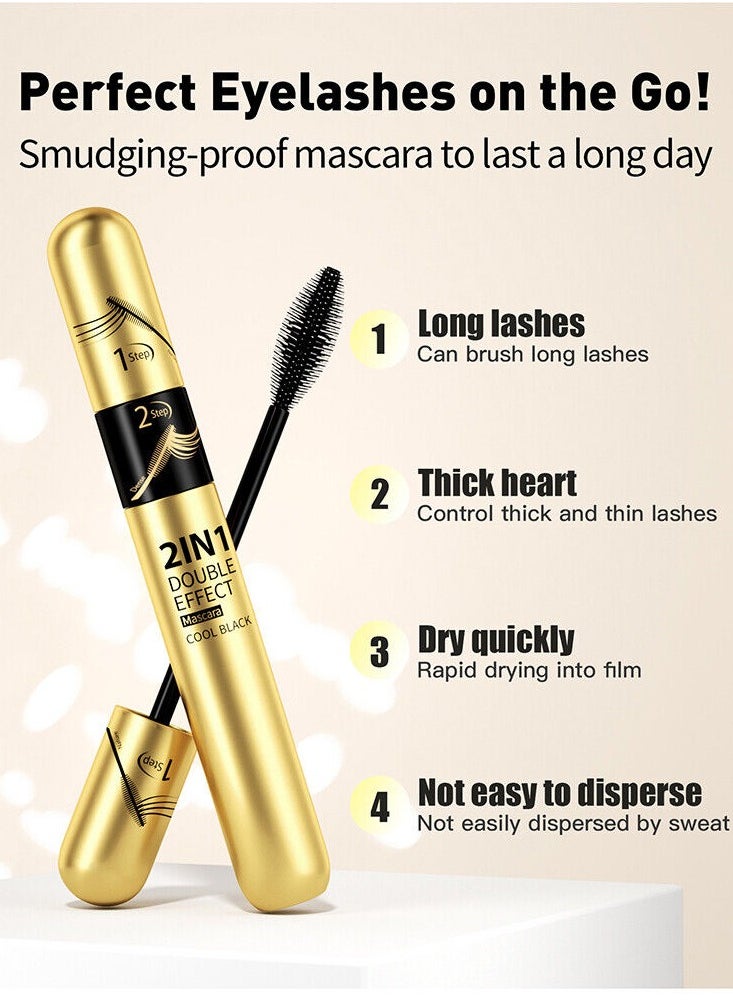 HelloKiss - 2 in 1 Double Effect Mascara Cool Black Curling and Intensifying Mascara Volumizing and Lengthening Thrive Black Mascara for Long Curly and Thick Eyelashes Waterproof Mascara - Image 1