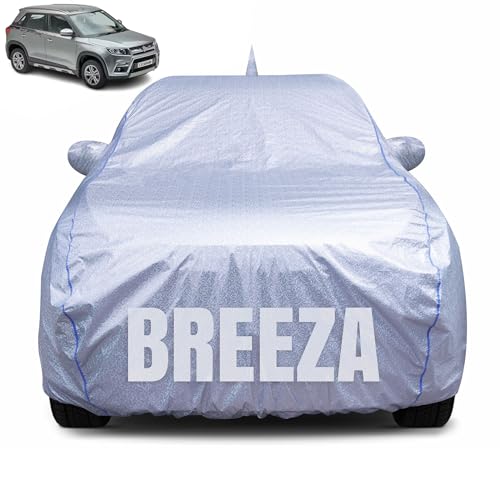 CABIUS 100% Waterproof Car Body Cover for Maruti Suzuki Brezza (2016-2025) with Mirror Pocket, Heat & UV Resistant, Triple Stitched, Soft Lining, Bottom Elastic & Piping (Silver Reflective) - Image 1