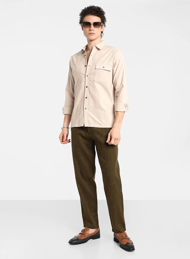 كامبوس سوترا Men's Peanut Brown Multitrack-Striped Shirt