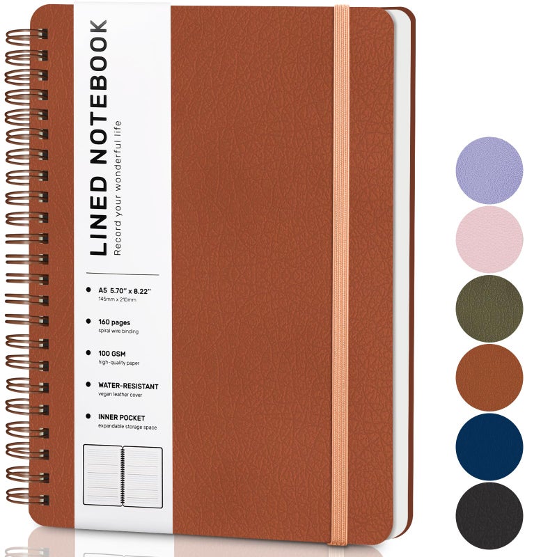 Aberlls Brown Lined Spiral Journal Notebook With 160 Pages  8?5.7In  A5 Spiral Notebook  Journaling Notebooks For Work  School  Women  Men  College Ruled Spiral Notebook  Hardcover Leather Journals - Image 1