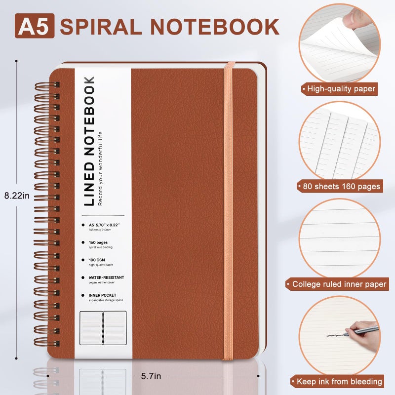 Aberlls Brown Lined Spiral Journal Notebook With 160 Pages  8?5.7In  A5 Spiral Notebook  Journaling Notebooks For Work  School  Women  Men  College Ruled Spiral Notebook  Hardcover Leather Journals - Image 2