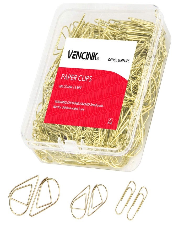 VENCINK 300 Pcs Cute Gold Paper Clips Assorted Sizes, Smooth Steel Wire Drop-Shaped Paperclips Large Medium and Small for Office Supplies School Student Girls Kids Women Wedding Decorative by VENCINK - Image 1
