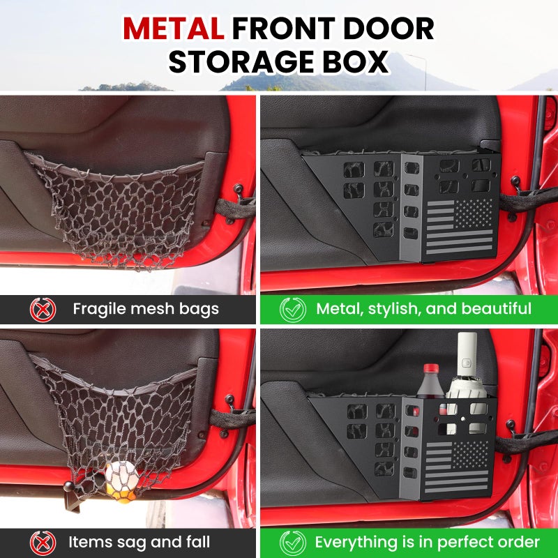 DIAMOOKY Upgraded Metal Front Door Pocket Storage Box for Jeep Wrangler JK JKU 2018 2017 2016 2015 2014 2013-2007 2/4 Door Accessories, Adjustable Door Organizer Molle Panels, Flag, 2PCS - Image 4