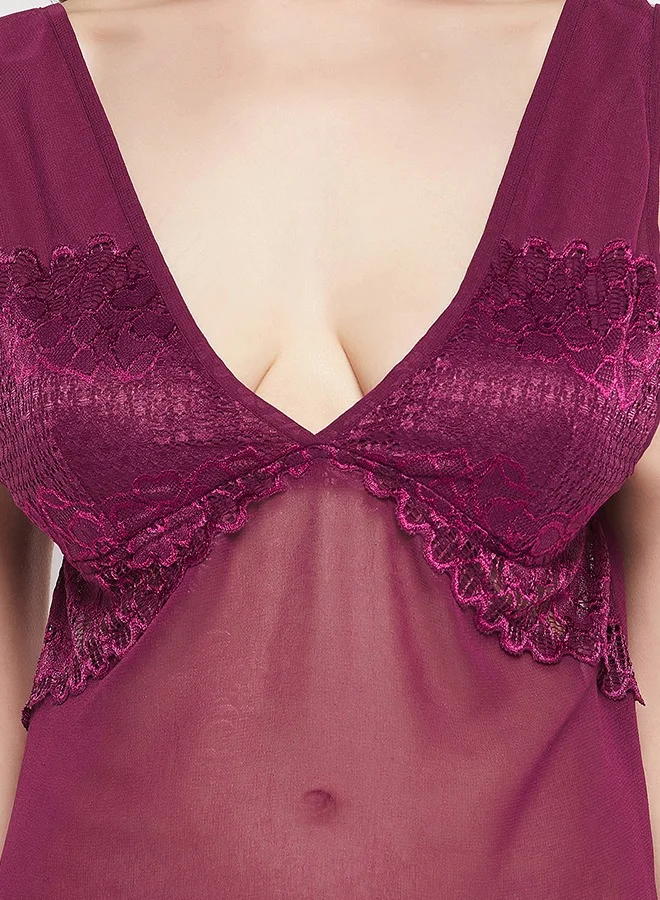 Clovia Clovia Chic Basic Babydoll in Wine Colour with G-string - Georgette