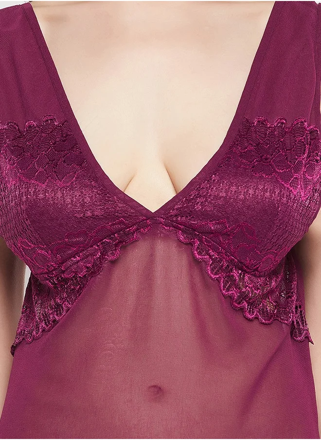 كلوفيا Clovia Chic Basic Babydoll in Wine Colour with G-string - Georgette