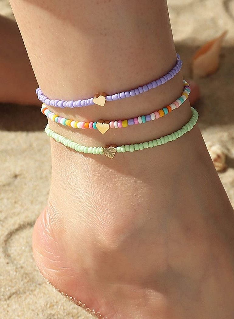 KASTWAVE Boho Beads Multilayered Love Heart Women Anklets Colorful Women Ankle Bracelets Beaded Bracelet Elastic Foot and Hand Chain Jewelry (3PCS) - Image 1