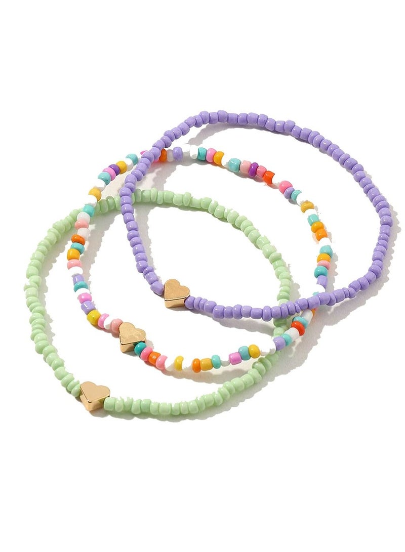 KASTWAVE Boho Beads Multilayered Love Heart Women Anklets Colorful Women Ankle Bracelets Beaded Bracelet Elastic Foot and Hand Chain Jewelry (3PCS) - Image 3