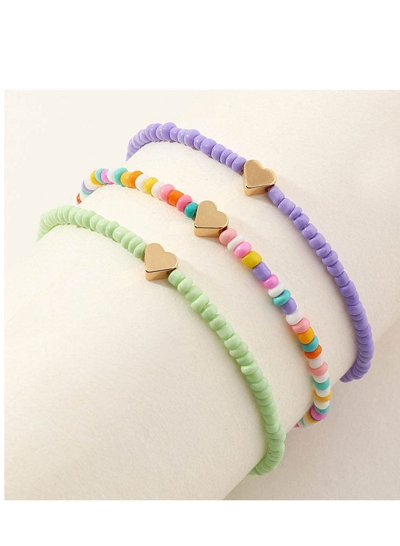KASTWAVE Boho Beads Multilayered Love Heart Women Anklets Colorful Women Ankle Bracelets Beaded Bracelet Elastic Foot and Hand Chain Jewelry (3PCS) - Image 4