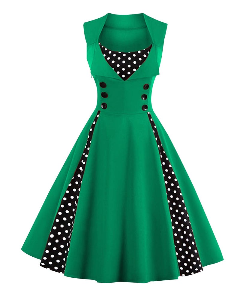KILLREAL Women's Rockabilly A-Line Polka Dot Print Cocktail Vintage 50s Style Party Dress Green X-Large - Image 3