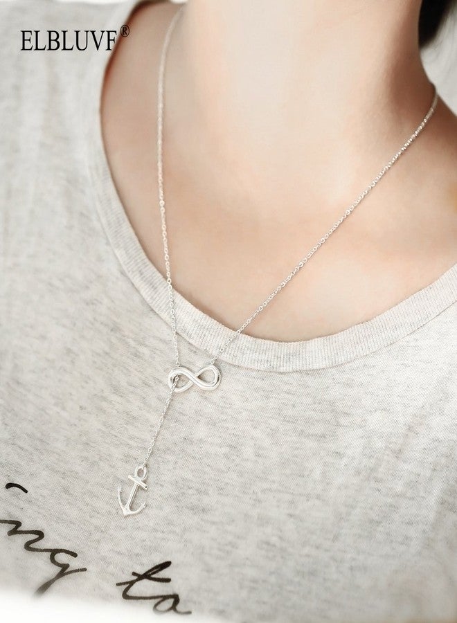ELBLUVF Stainless steel Anchor Infinity Y Shaped Lariat Style Necklace 18inch For Women (White gold color) - Image 3