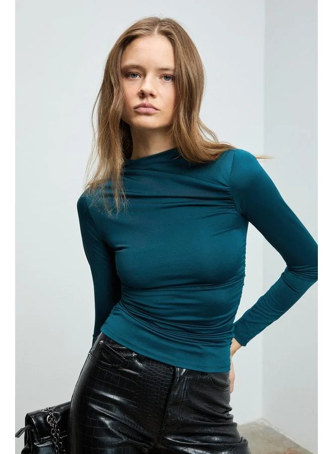 GRIMELANGE SOLEMA Women's Bike-Collar Ruffle-Detail Slim Petrol Blue Blouse.