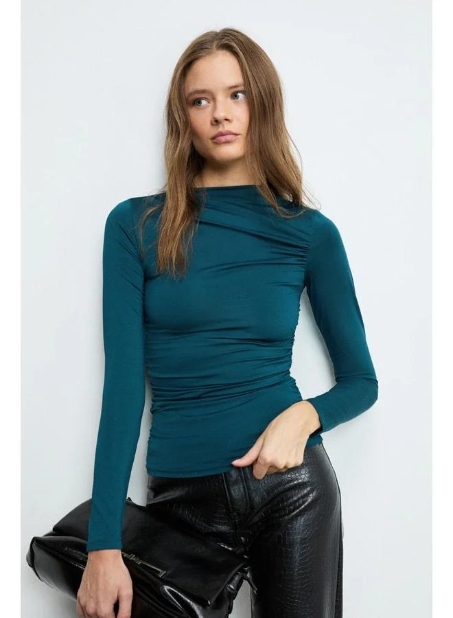 GRIMELANGE SOLEMA Women's Bike-Collar Ruffle-Detail Slim Petrol Blue Blouse.