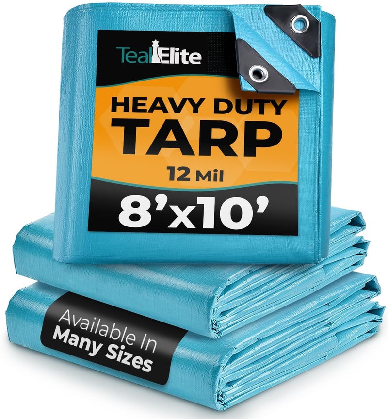 Teal Elite Tarps Heavy Duty Waterproof 8x10-12 mil Thick Camping Tent - Blue Tarp 8x10 UV Resistant, Rip & Tear Proof with Metal Grommets â€“ Multipurpose Use for Camping, Tent, Boat, RV, Car, & Pool Cover - Image 1