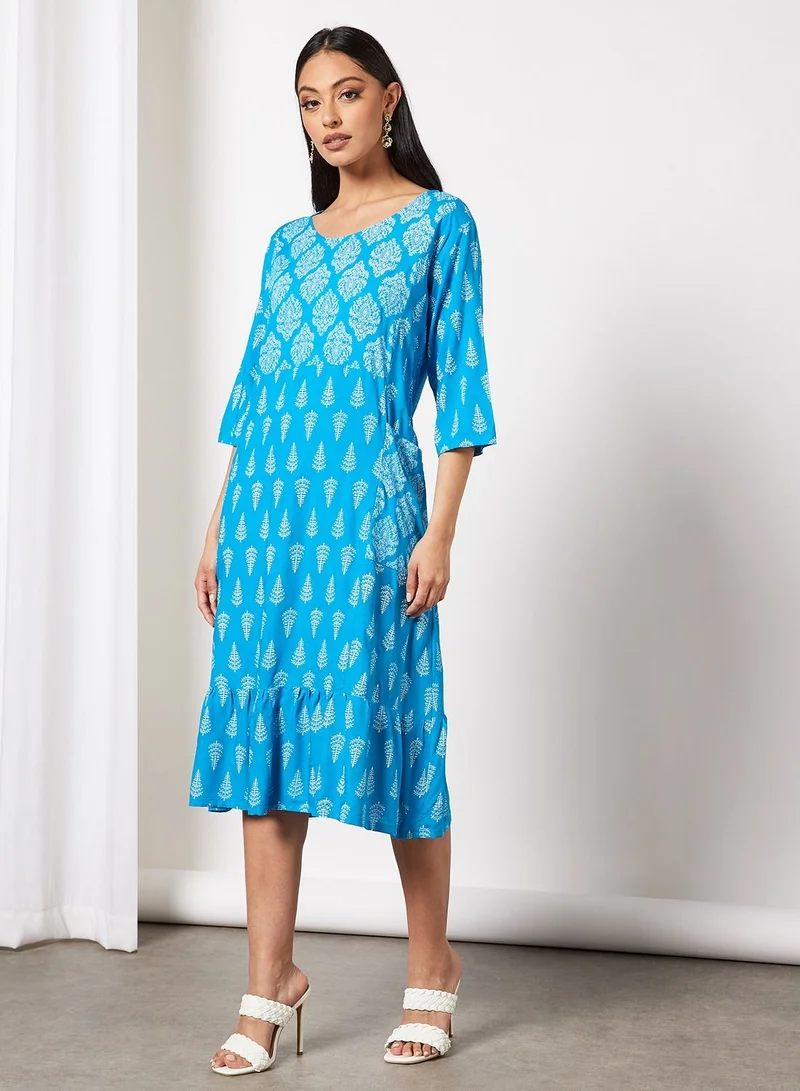 HANA & SARA All Over Printed Round Neck Three Quarter Sleeve Jalabiya With Facemask