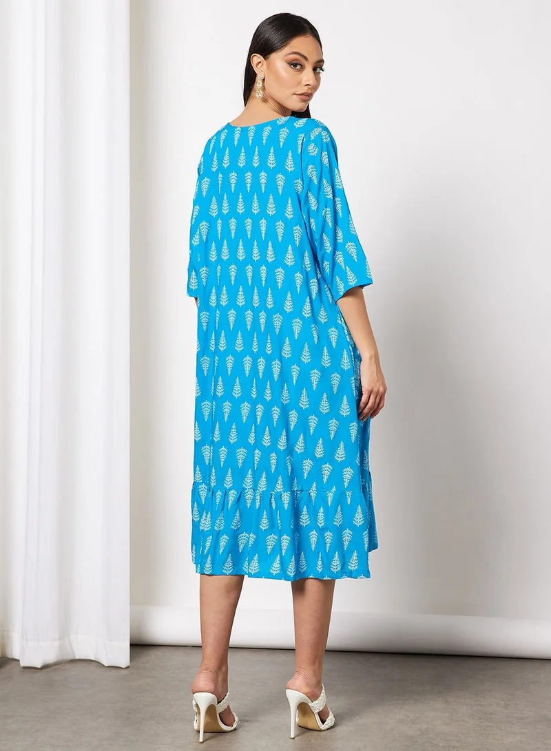 HANA & SARA All Over Printed Round Neck Three Quarter Sleeve Jalabiya With Facemask