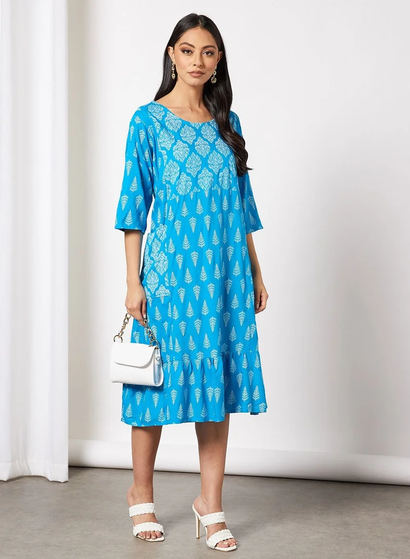 HANA & SARA All Over Printed Round Neck Three Quarter Sleeve Jalabiya With Facemask