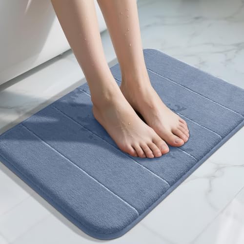 Yimobra Memory Foam Bath Mat, Super Soft Absorbent Bathroom Rug Non Slip, Quick Dry, Machine Washable Floor Carpet for Tub Shower, Home Decor Accessories, 24x17, Denim Blue - Image 1