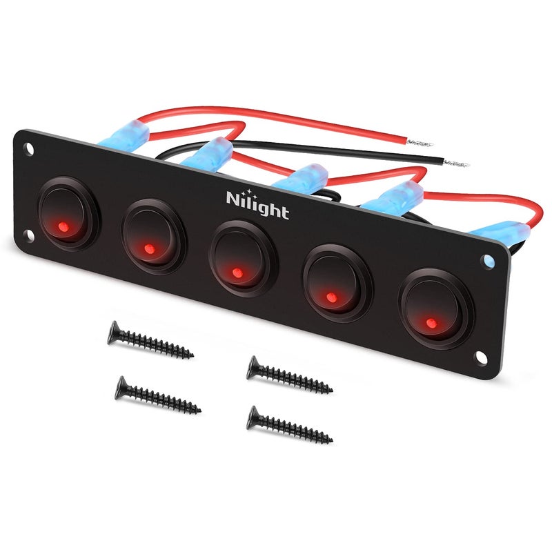 Nilight 5 Gang 3 Pin Rocker Switch Panel Waterproof On Off 12V Red Toggle for Cars Trucks Boats - Image 2