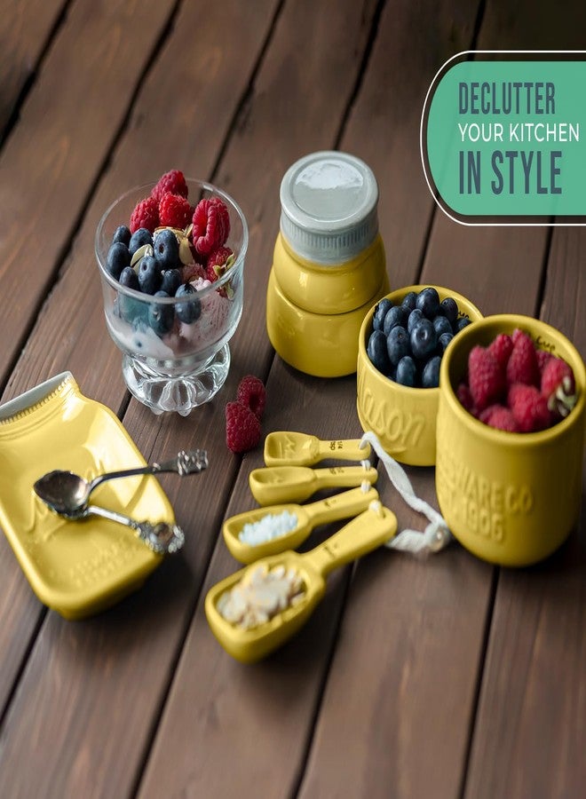 Comfify Mason Jar Kitchenware Set - Multi-Piece Ceramic Decor Set w/4 Measuring Cups, 4 Measuring Spoons, Spoon Rest and Attractive Vintage Style - Yellow - Image 4