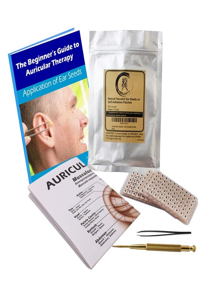 Dragon Acupuncture Multi-Condition Ear Seeds Acupuncture Kit 600 Counts, eBook Placement Chart, Probe, Acupressure Ear Chart, Tweezers - Image 1