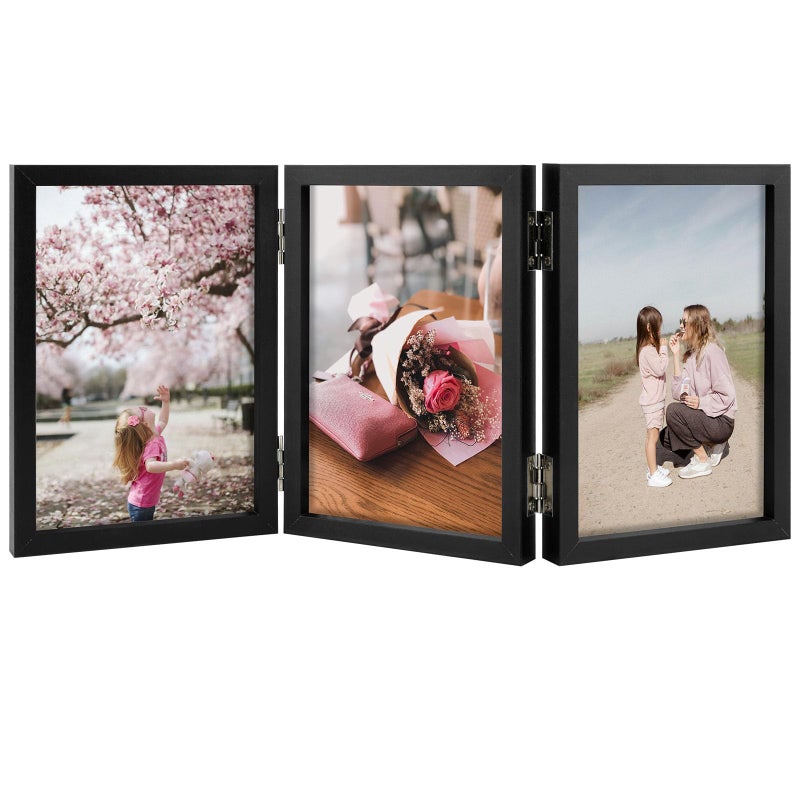 Space Art Deco 4x6 Triple Hinged Frames  3 Folding Picture Frame  Triptych Photo Frame  Stand Vertically on Desktop or Tabletop  Black - Image 1