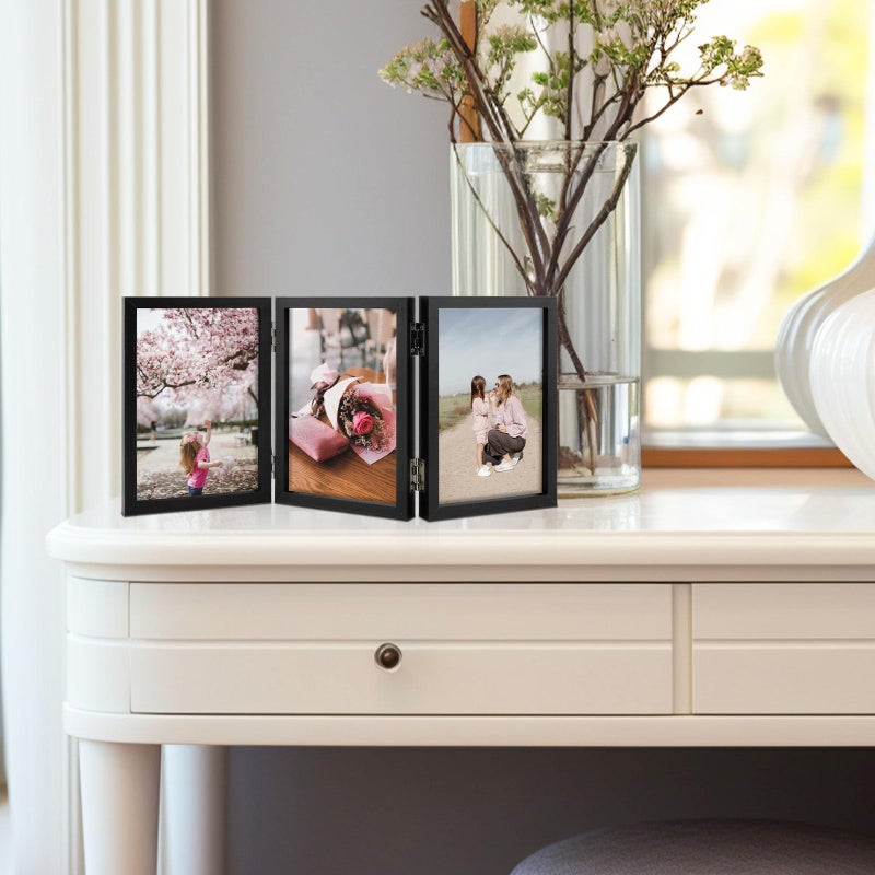 Space Art Deco 4x6 Triple Hinged Frames  3 Folding Picture Frame  Triptych Photo Frame  Stand Vertically on Desktop or Tabletop  Black - Image 3