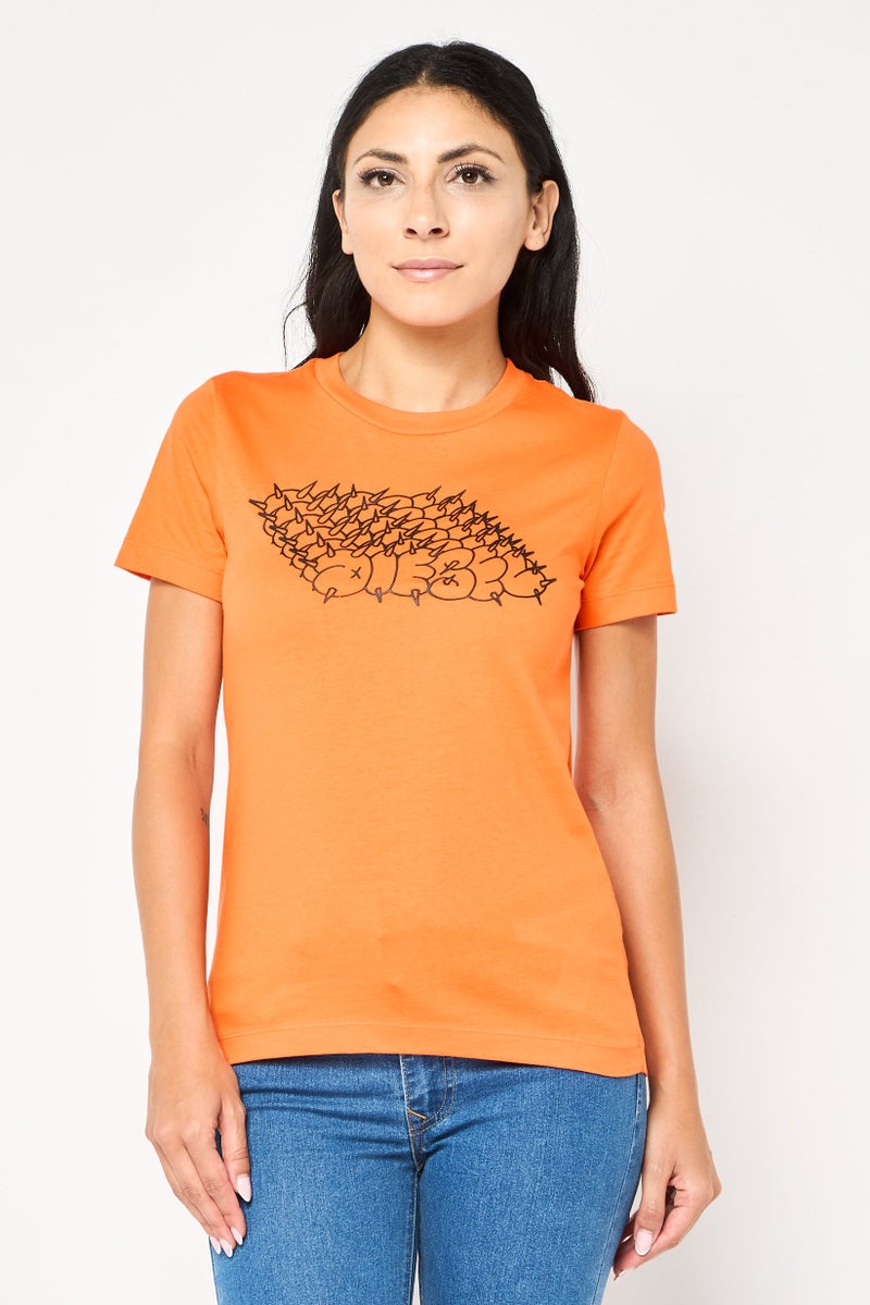 DIESEL Women Crew Neck Short Sleeves Graphic Print T-Shirt, Orange - Image 1
