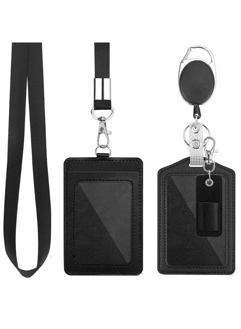 XiuWoo Office Badge Holder, Vertical PU Leather ID Card Holder with 1 Clear Window, Detachable Neck Lanyard Strap, Retractable Reel Holders Set and Pen Case - Image 1