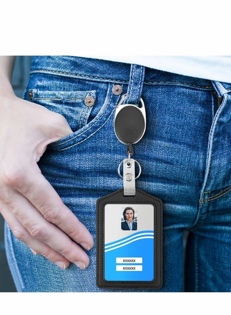 XiuWoo Office Badge Holder, Vertical PU Leather ID Card Holder with 1 Clear Window, Detachable Neck Lanyard Strap, Retractable Reel Holders Set and Pen Case - Image 3