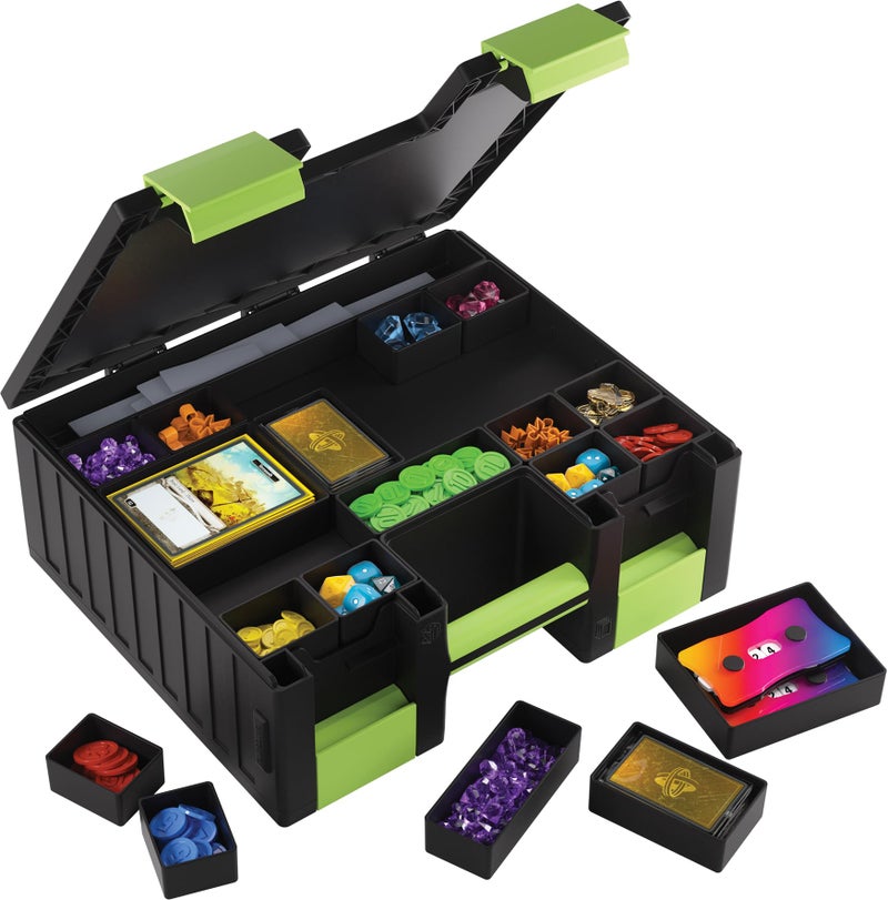 Gamegenic قلعة لعبة جيمينك - علبة تخزين مزدوجة الجوانب لجميع بطاقات وأدوات الألعاب، 19 صينية قابلة للإزالة بأحجام مختلفة، مثالية للبطاقات، الرموز، النرد والأدوات، لون أسود/أخضر، مصنوعة - Image 5