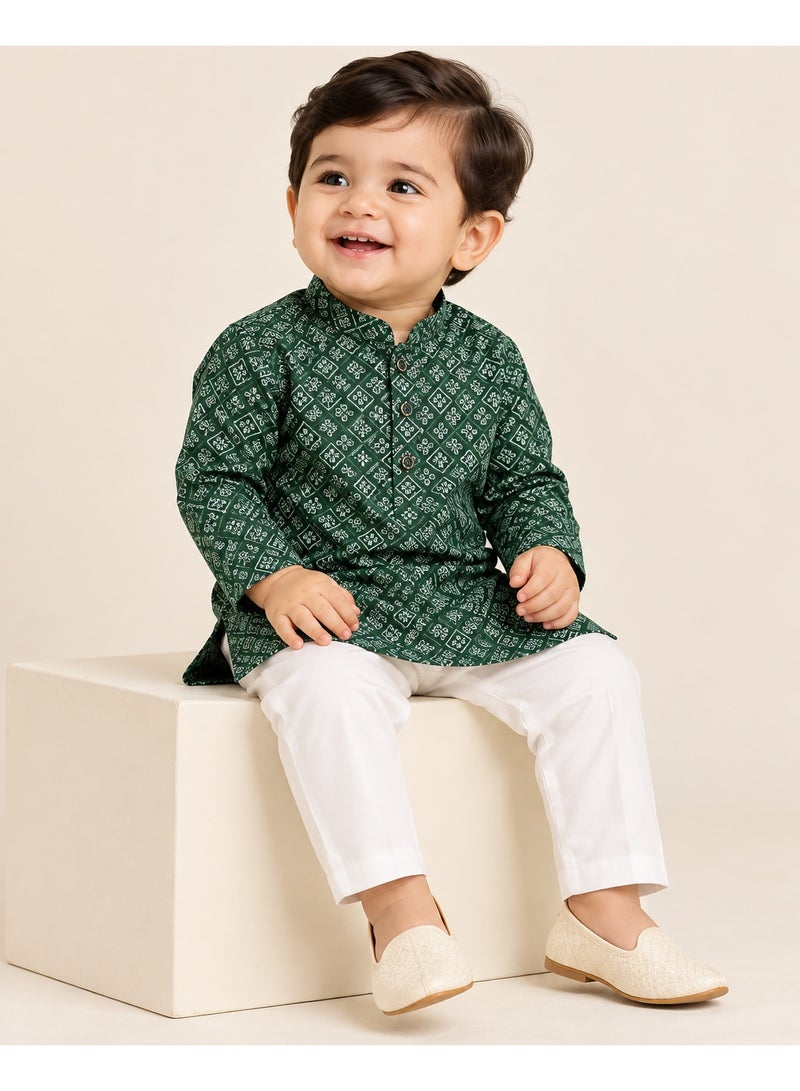 Lucky Kids Boys Bottle Green Geometric Printed Mandarin Collar Kurta with White Straight Pants – 2 Piece Ethnic Set - Image 3